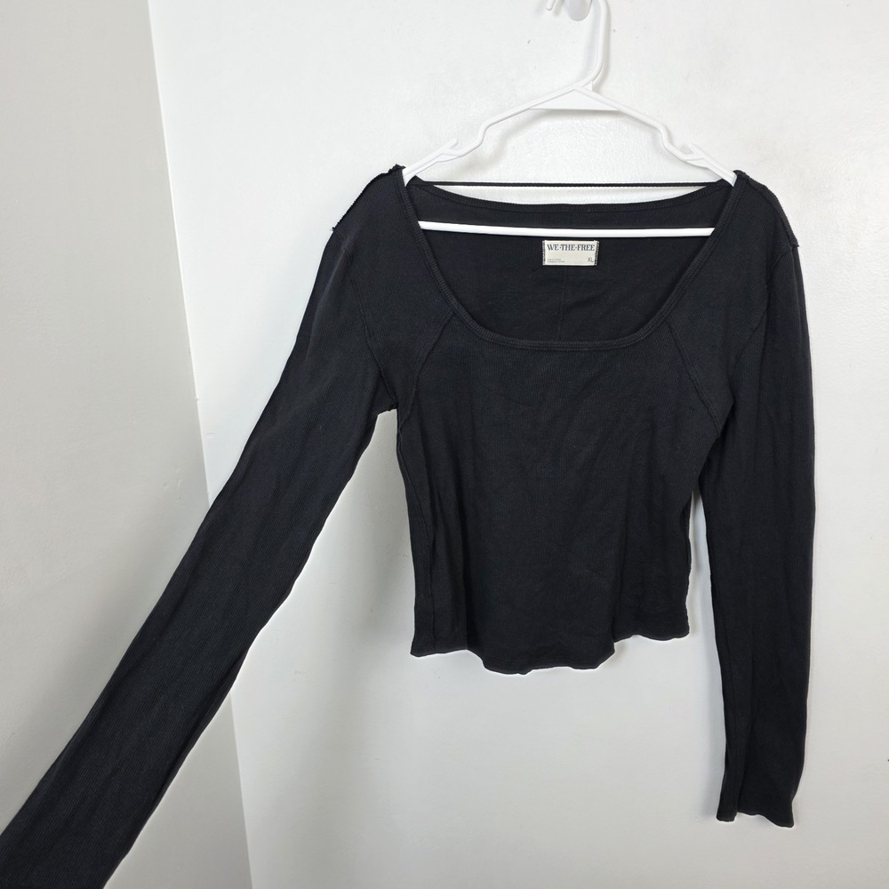 We The Free Black Ribbed Long Sleeve Square Neck Fitted Minimalist Shirt Size XL